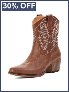 Faux Leather Western Ankle Cowgirl Boots Snip Toe Block Heel Pull-On